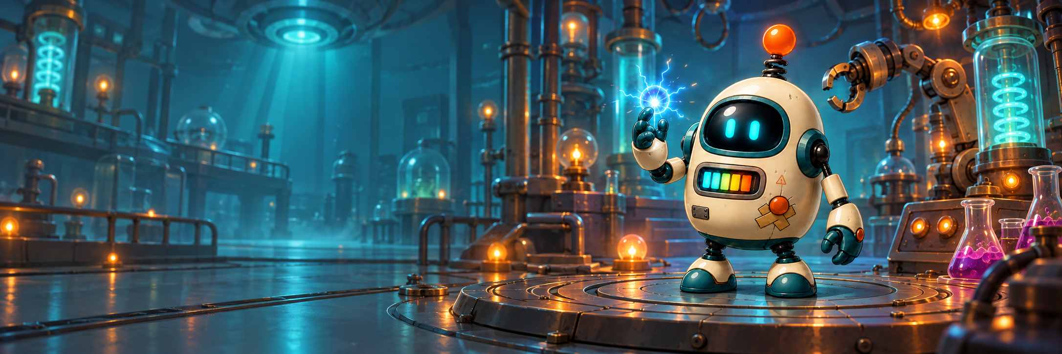B20, a small robot with glowing blue eyes, holding a spark inside a laboratory.